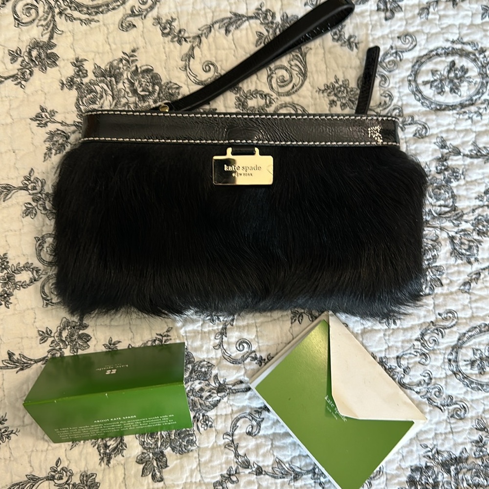 Kate Spade Faux Fur Wristlet Limited Edition. Pink interior w/ gold polka dots